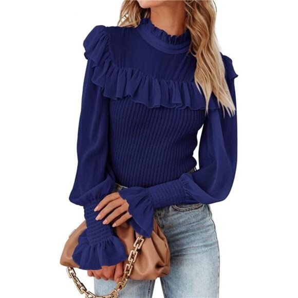 Blue Ribbed Knit Chiffon Ruffle Mesh Sheer Long Puff Sleeve‎ Sweater Top Blouse - Picture 3 of 7